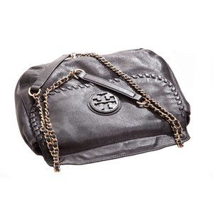 Tory Burch Black Leather Marion Flap Saddle Bag Purse